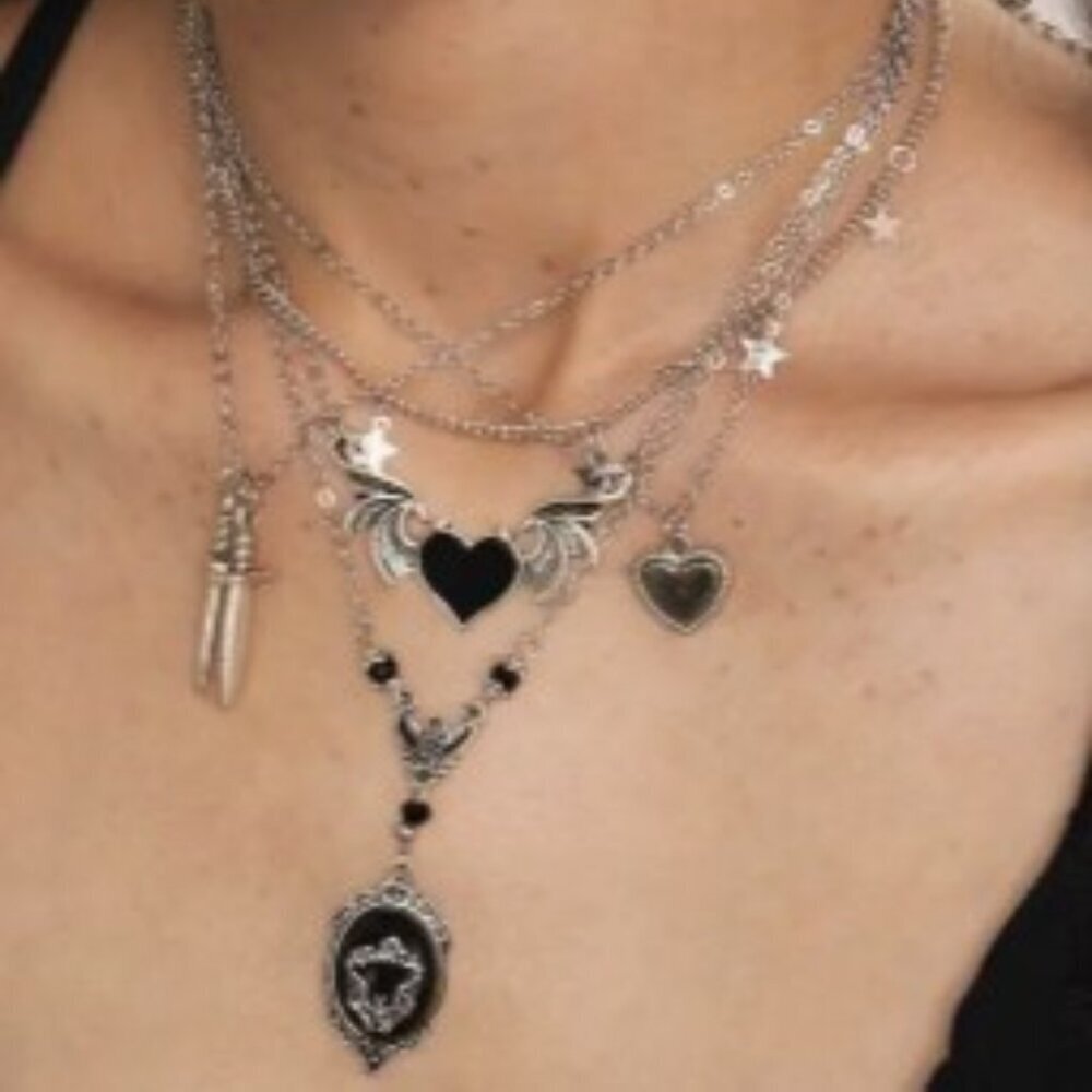 Gothic Heart & Wing Sword Pendant Necklace – Alloy Statement Jewelry - 5 pieces